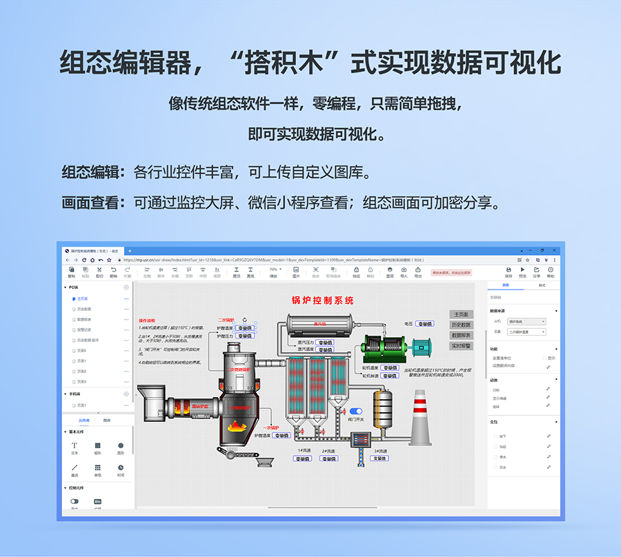 低成本PLC云網(wǎng)關(guān)：組態(tài)編輯器，“搭積木”式實(shí)現(xiàn)數(shù)據(jù)可視化