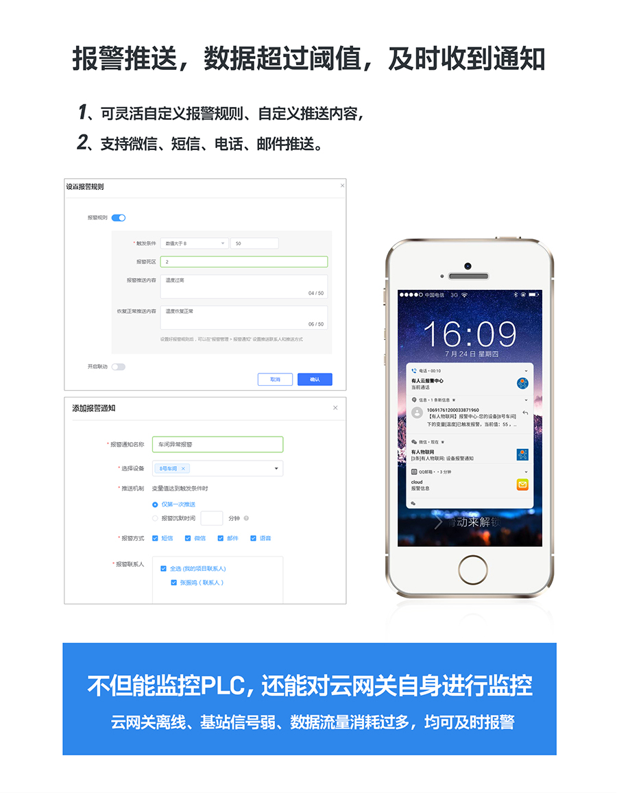 低成本PLC云網(wǎng)關(guān)：報(bào)警推送，數(shù)據(jù)超過(guò)閾值及時(shí)收到通知